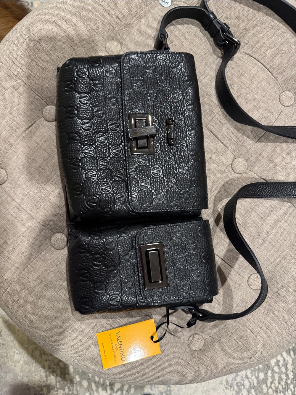 Valentino Black Embossed Leather Double-Pouch Crossbody Bag Murse